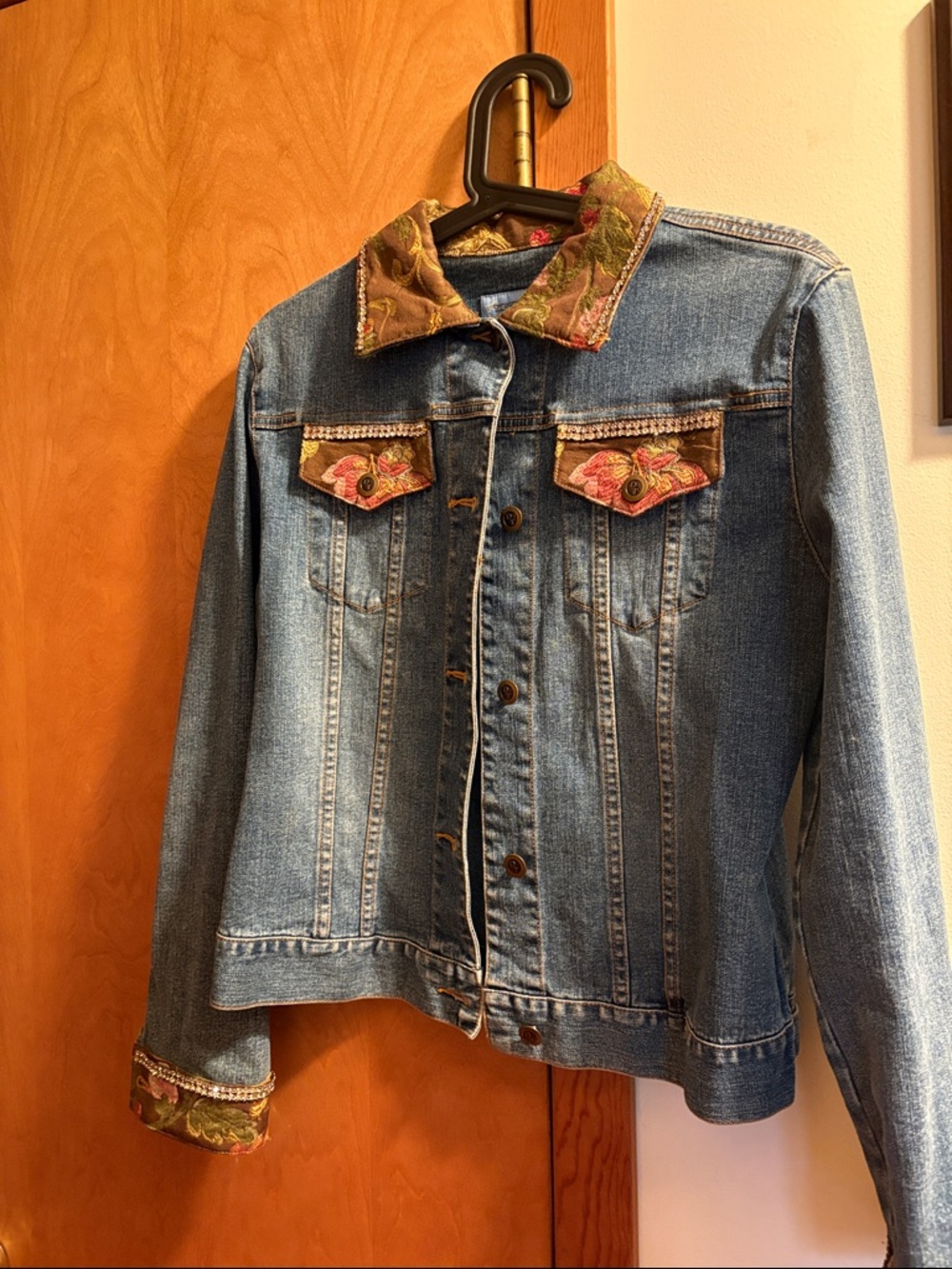 Womens Blue Denim Jacket with Embroidered Floral Trim
